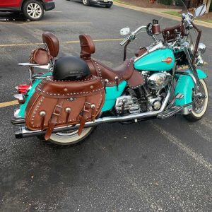 Leather motorcycle saddlebags on a motorcycle